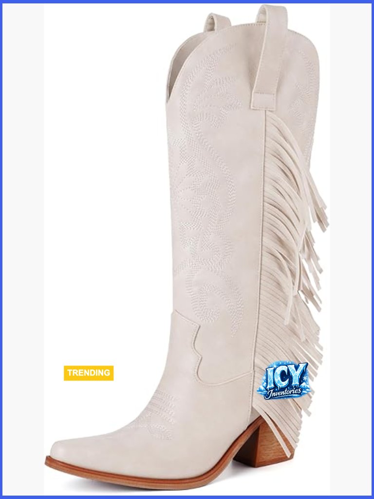 Fringe Cowboy Boots Women Pointed Toe Chunky Heel Pull On Wide Calf Western